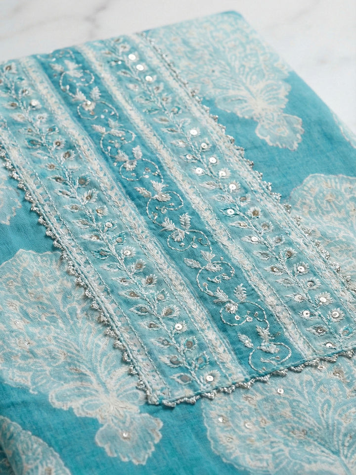 Printed Cotton Blend Unstitched Suit With Pant &amp; Dupatta