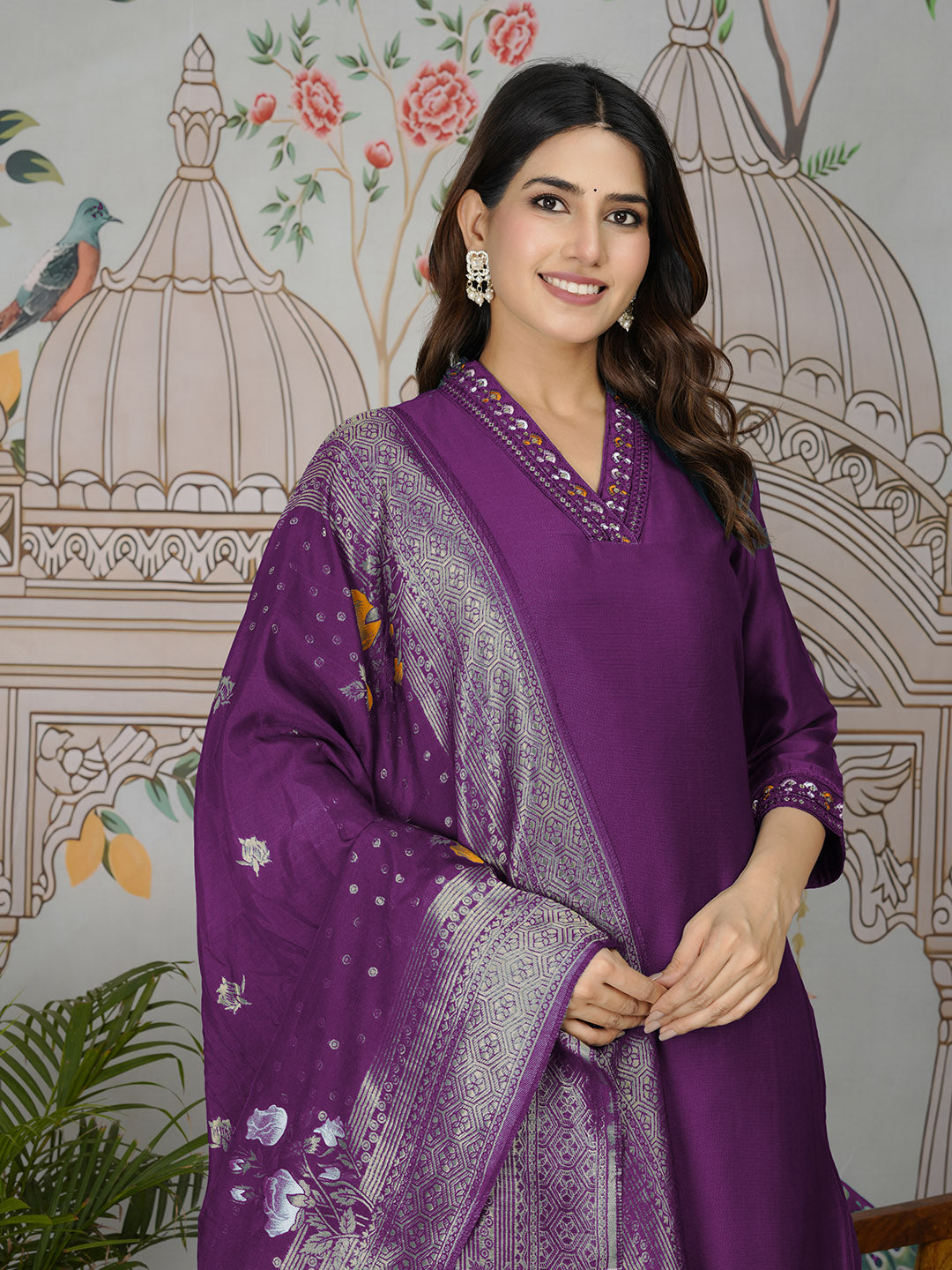 Embroidered Tissue Kurta With Pants &amp; Dupatta