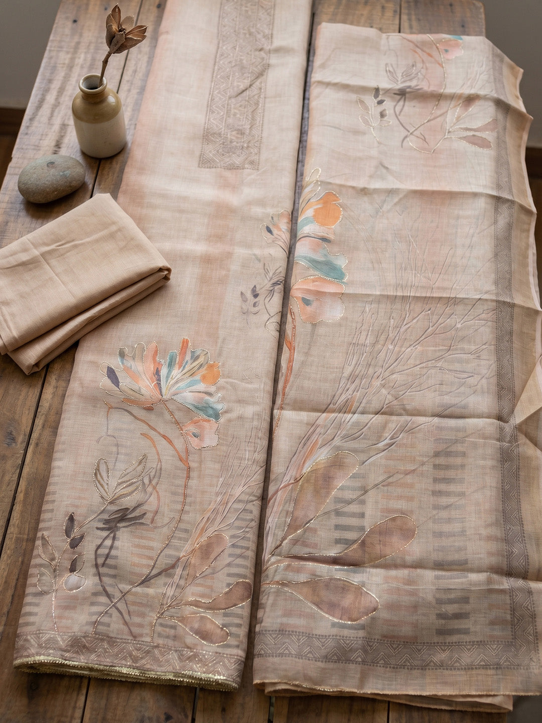Printed Linen Blend Unstitched Suit With Pant &amp; Dupatta