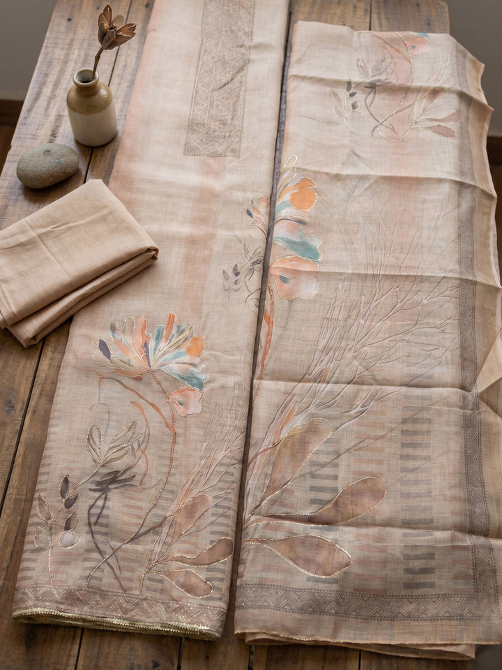 Printed Linen Blend Unstitched Suit With Pant &amp; Dupatta