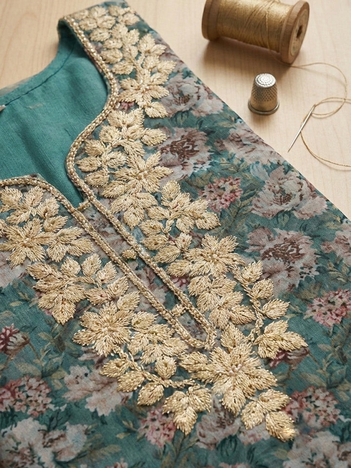 Printed Cotton Blend Unstitched Suit With Pant &amp; Dupatta