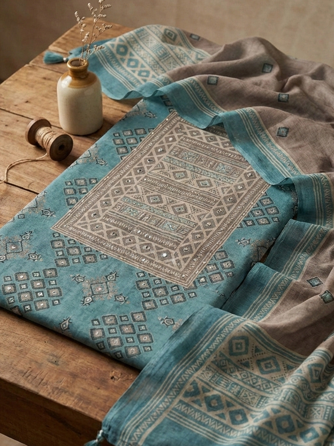 Printed Chanderi Unstitched Suit With Pant &amp; Dupatta