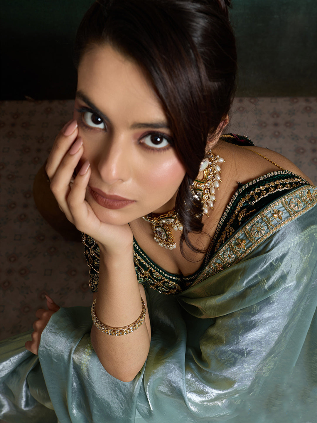 Embroidered Satin Saree With Readymade Blouse