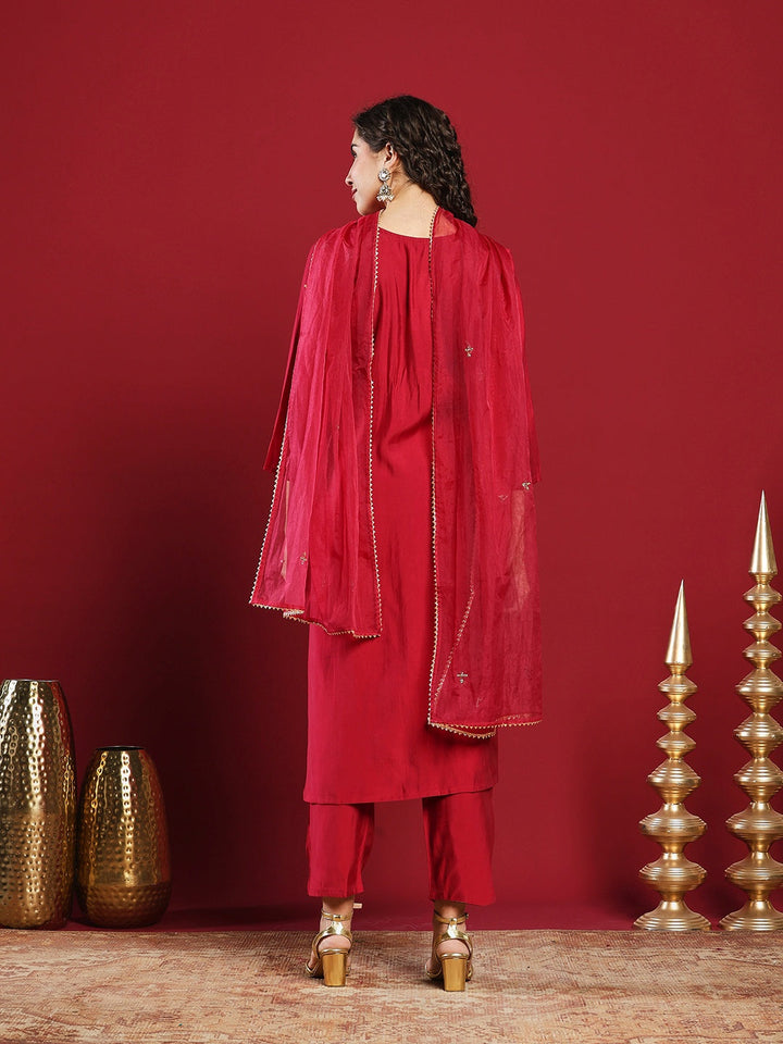 Embroidered Cotton Kurta With Pant &amp; Dupatta