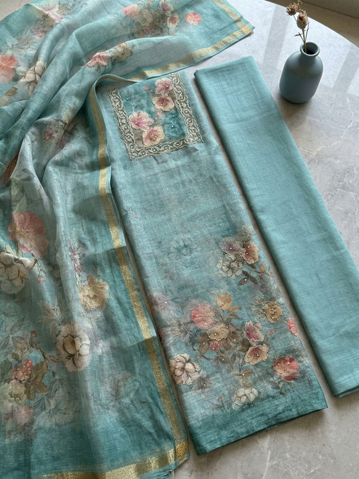 Embroidered Linen Blend Unstitched Suit With Pant &amp; Dupatta