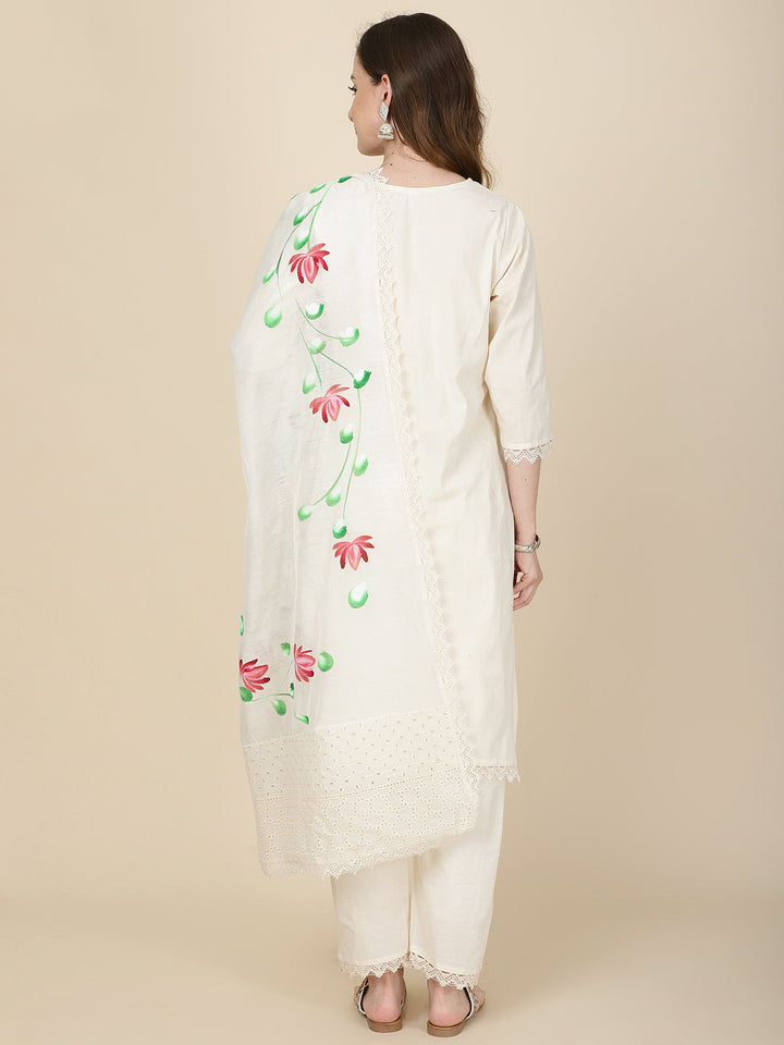 Floral Printed Cotton Kurta With Pants &amp; Dupatta