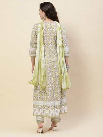 Printed Cotton Kurta With Pants & Dupatta