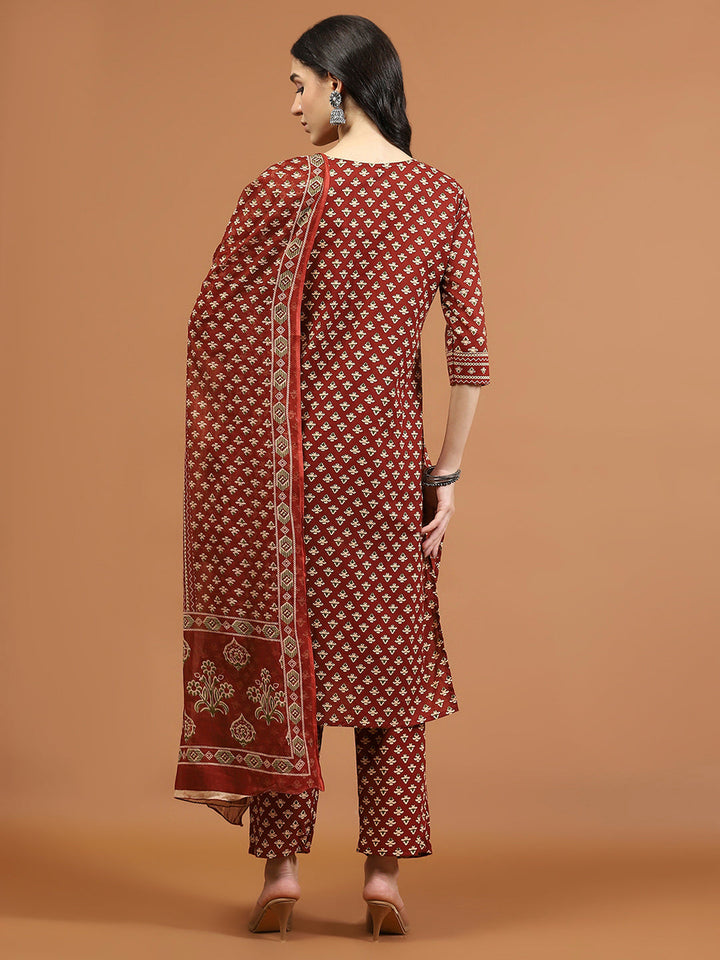 Printed Cotton Blend Kurta With Pants &amp; Dupatta