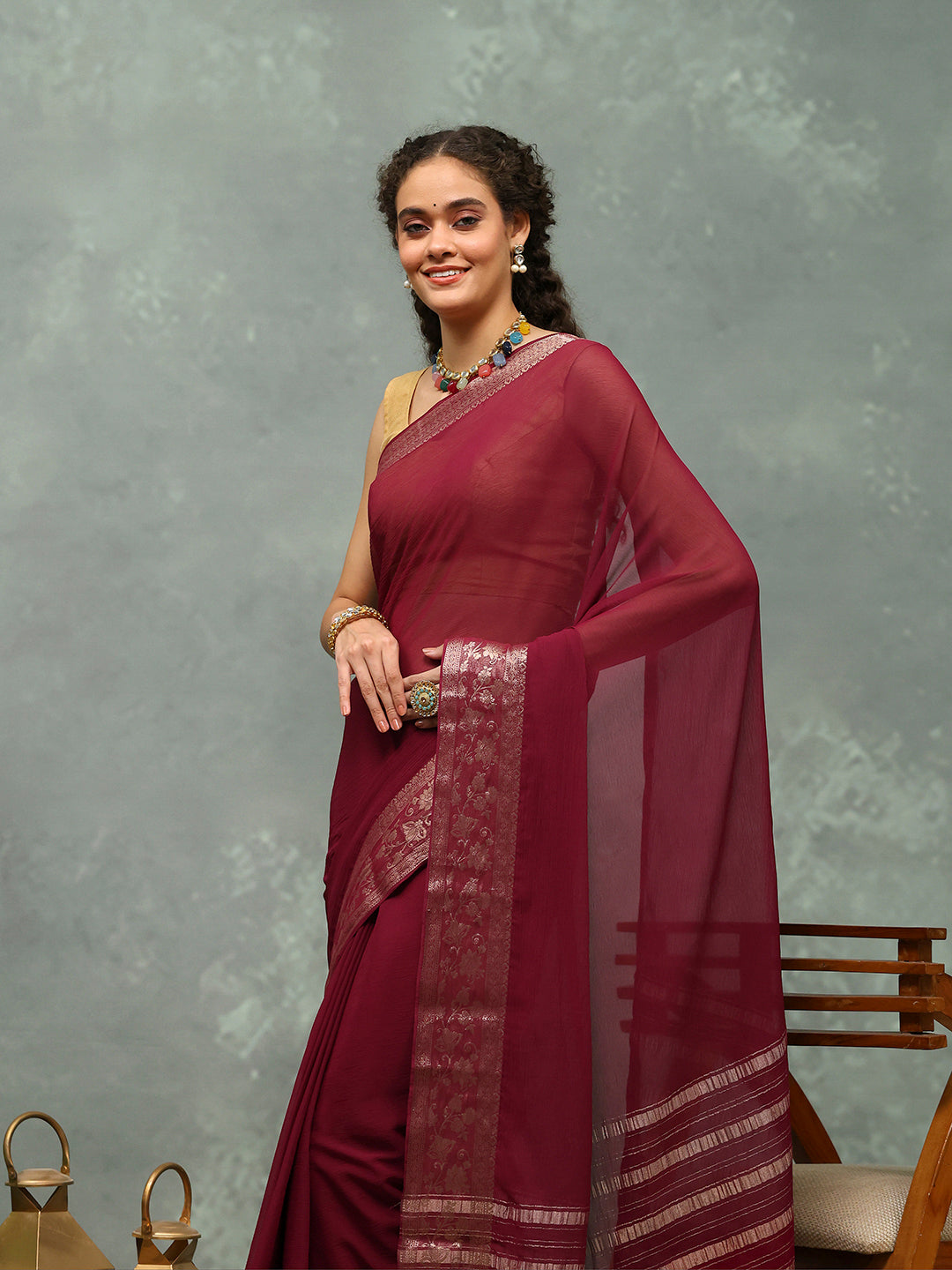 Woven Border Chiffon Woven Saree