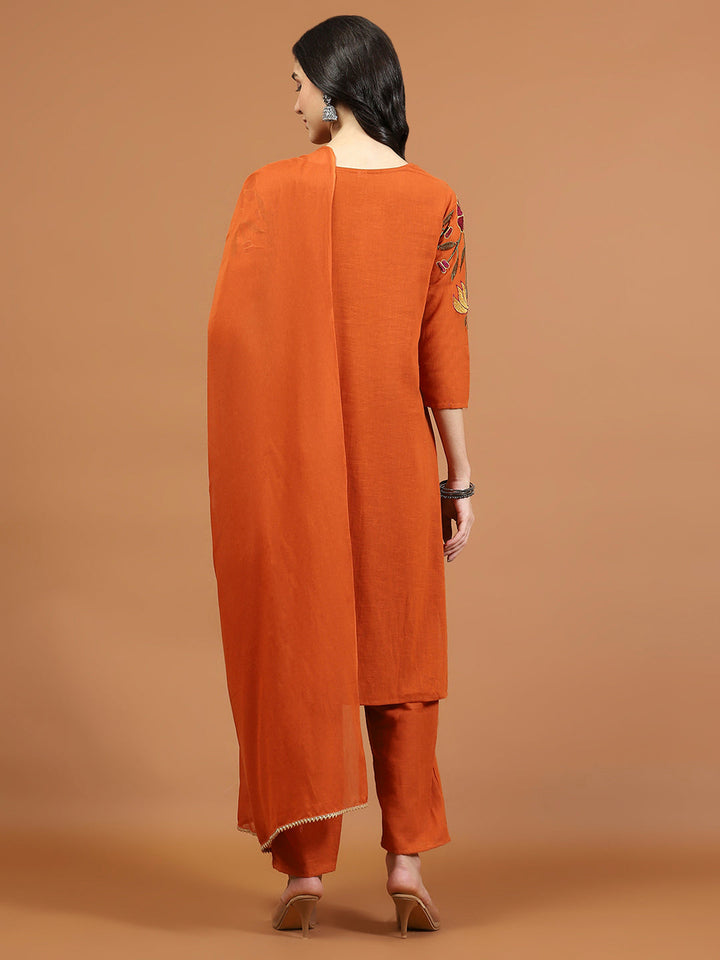 Embroidered Cotton Blend Kurta With Pants &amp; Dupatta