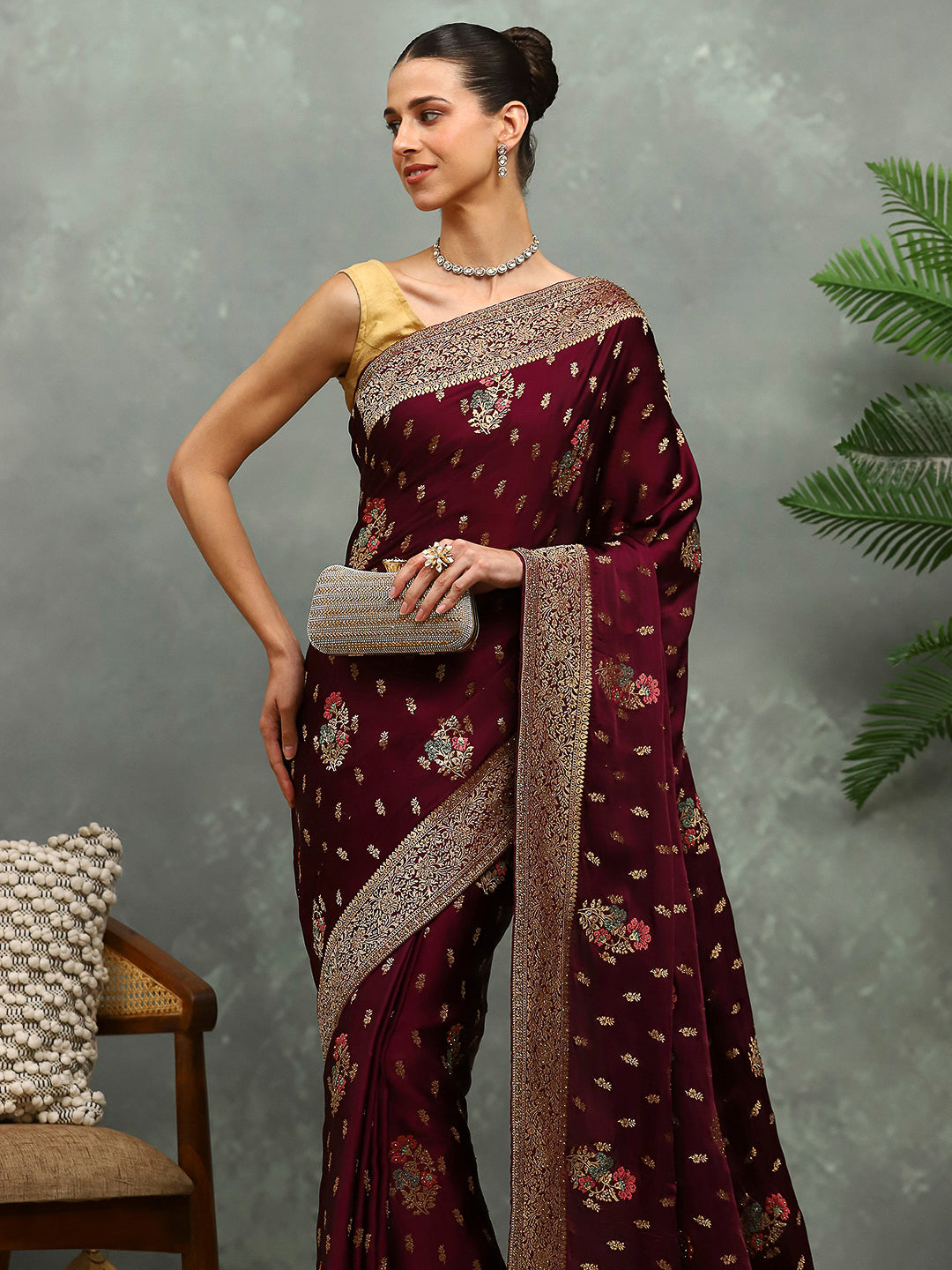 Stone Work Satin Embroidery Saree