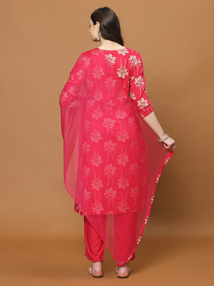 Printed Cotton Blend Kurta With Pants &amp; Dupatta