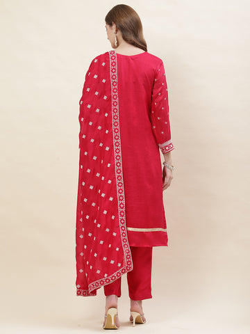 Resham Sequin Embroidered Art Silk Kurta With Pants & Dupatta