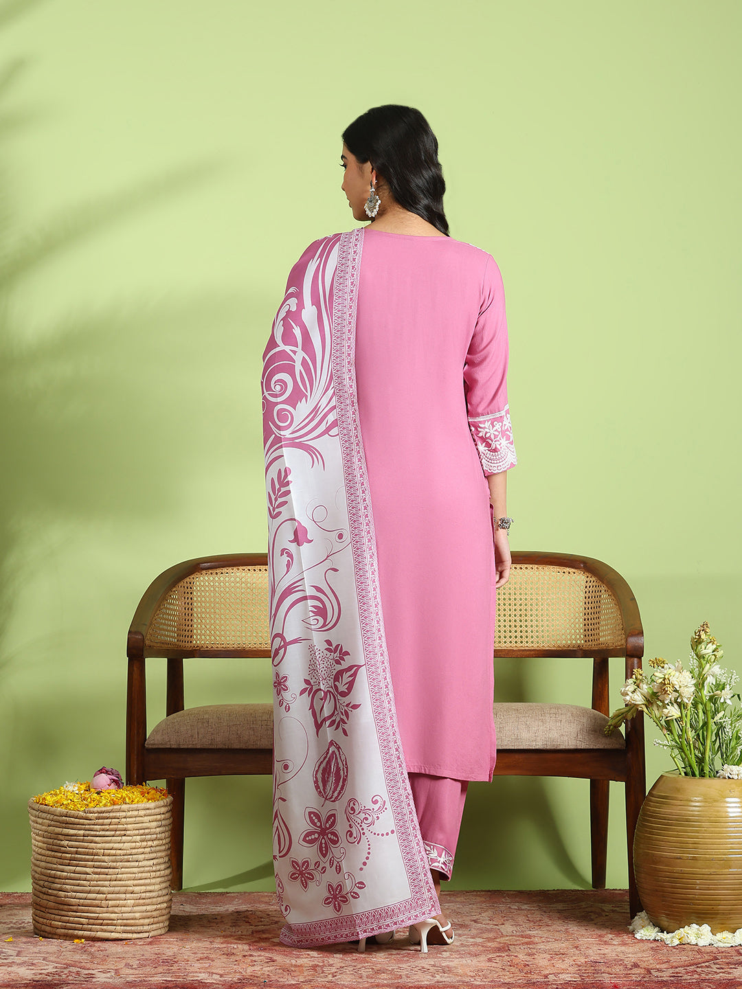 Embroidered Cotton Kurta With Pant &amp; Dupatta