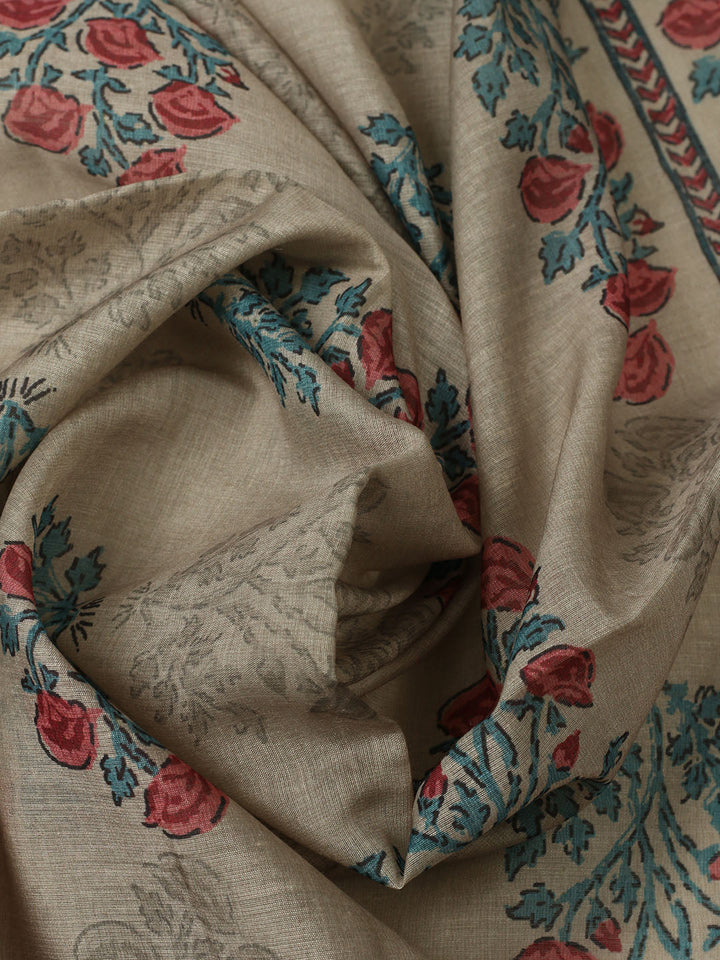 Printed Chanderi Unstitched Suit With Pant &amp; Dupatta