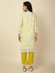 Printed & Panel Embroidery Cotton Kurta With Pants