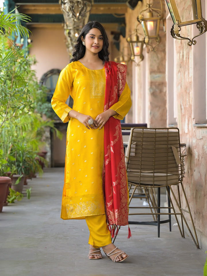 Embroidered Cotton Kurta With Pant &amp; Dupatta