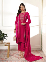 Zari Neck Embroidered Velvet Kurta With Pants & Dupatta