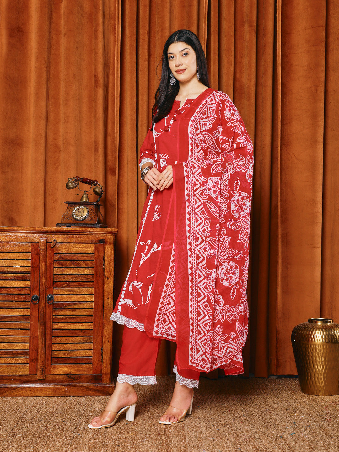 Printed Cotton Blend Kurta With Pants &amp; Dupatta