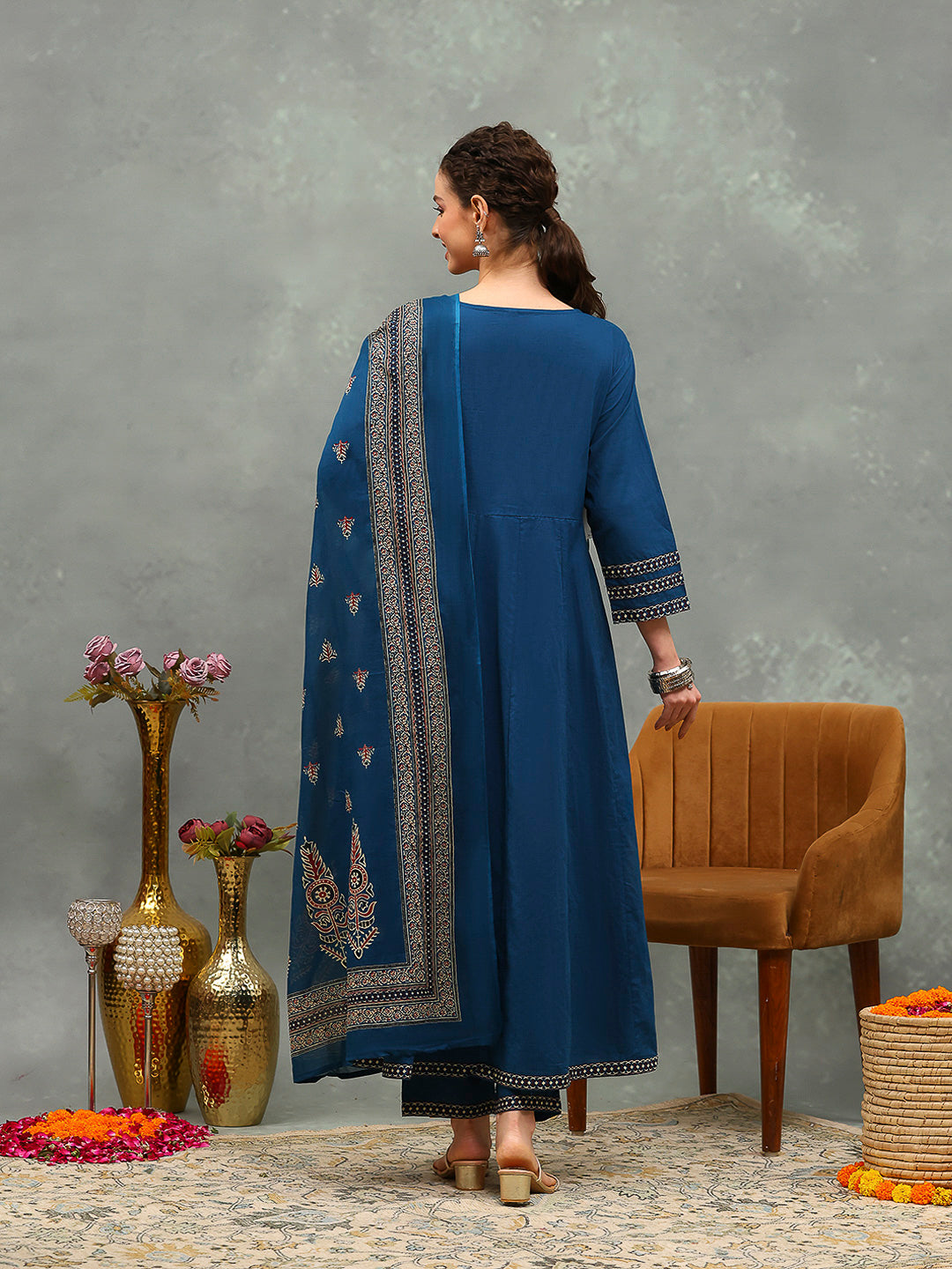 Embroidered Cotton Kurta With Pants & Dupatta