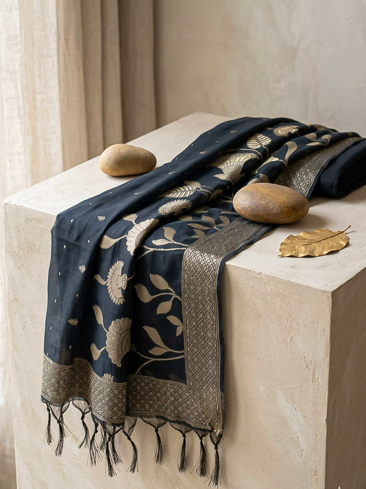 Embroidered Chanderi Unstitched Suit With Pant &amp; Dupatta