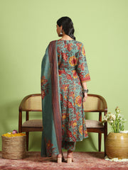 Printed Cotton Kurta With Pant & Dupatta