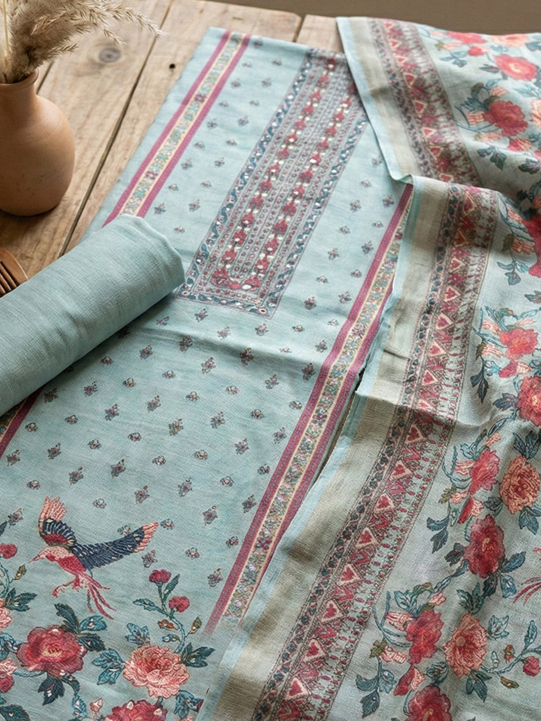 Embroidered Cotton Blend Unstitched Suit With Pant &amp; Dupatta