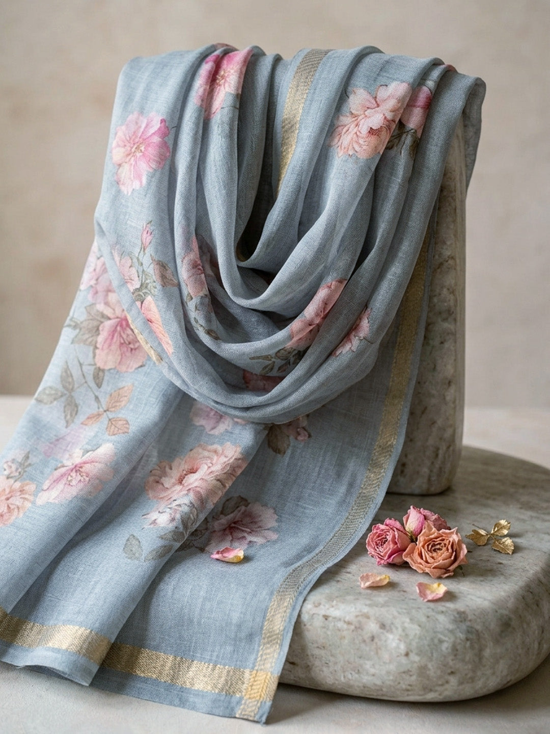 Embroidered Linen Blend Unstitched Suit With Pant &amp; Dupatta