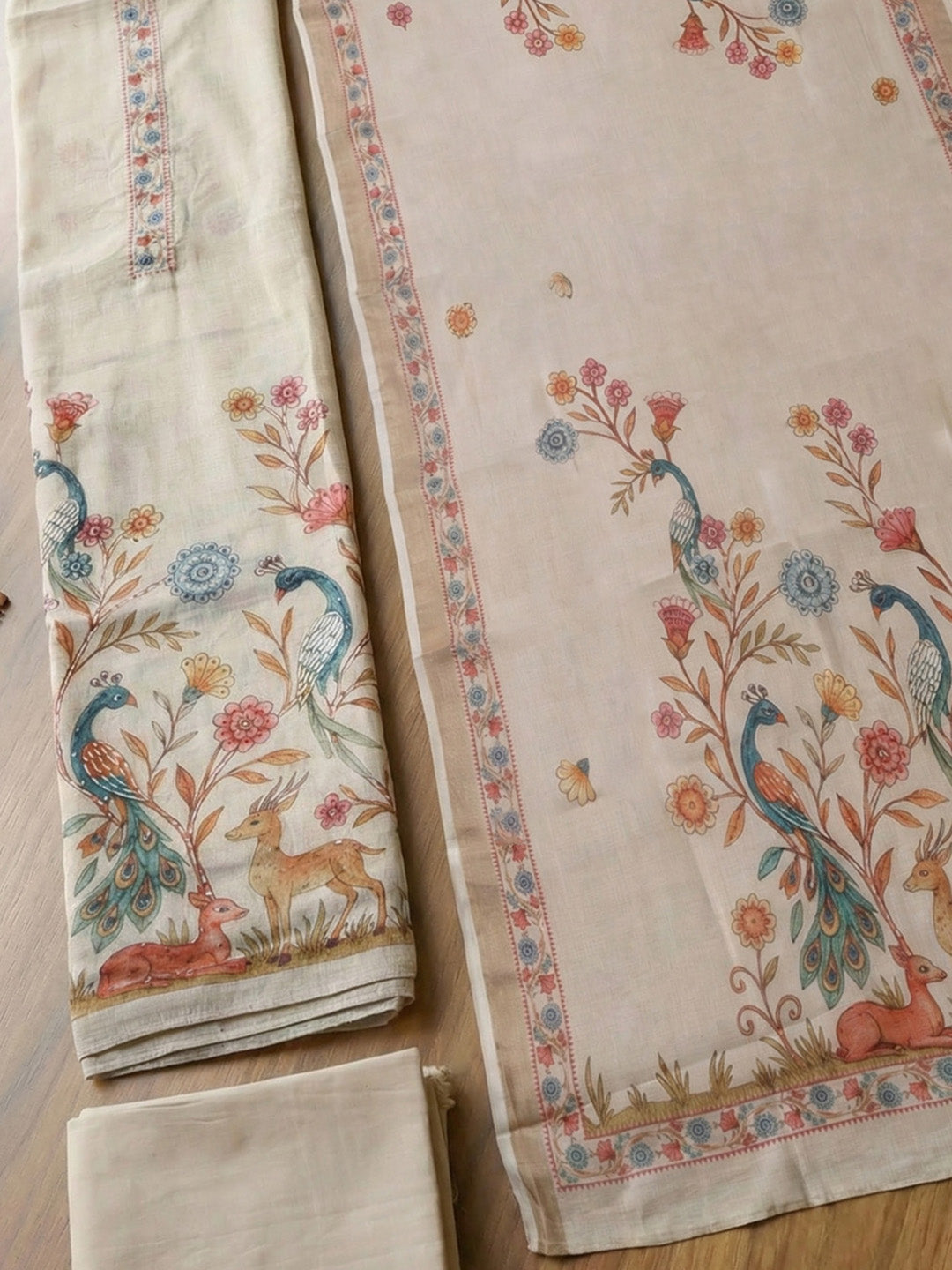 Printed Linen Blend Unstitched Suit With Pant &amp; Dupatta