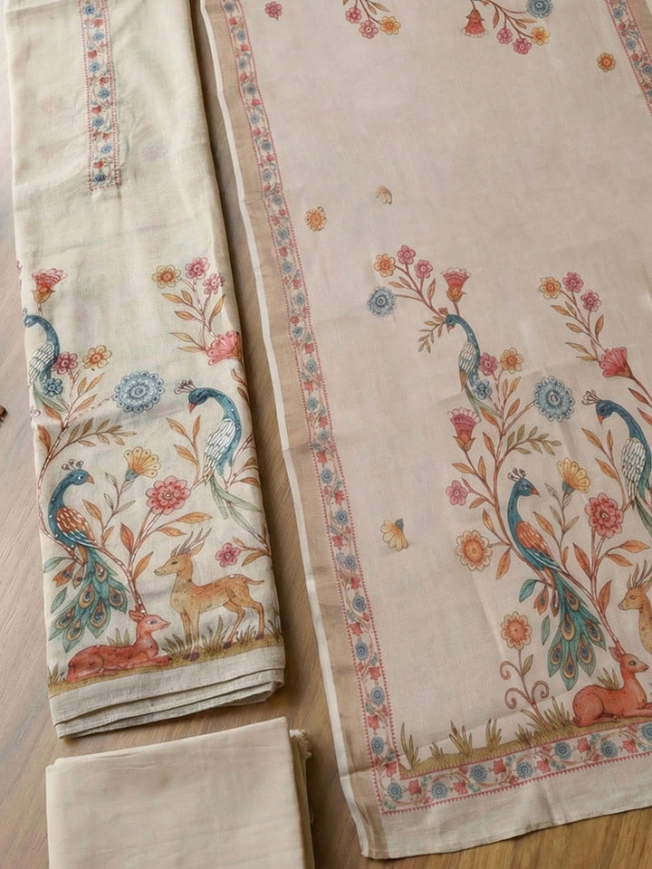 Printed Linen Blend Unstitched Suit With Pant &amp; Dupatta