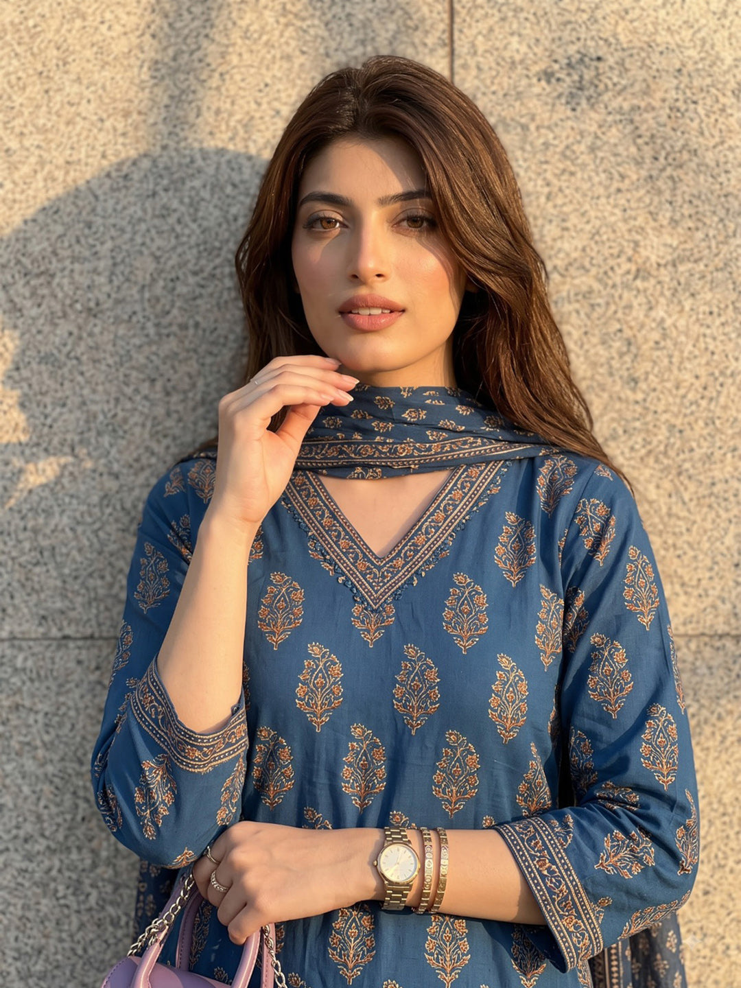 Blue Printed Cotton Blend Kurta With Pant &amp; Dupatta