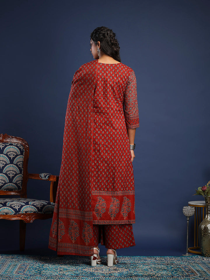 Maroon Cotton Blend Printed Straight Suit Set
