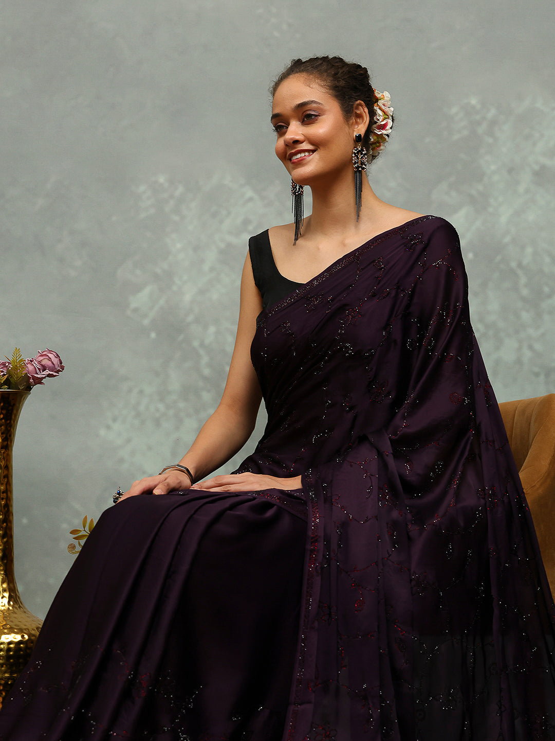 Stone Embroidered Satin Saree
