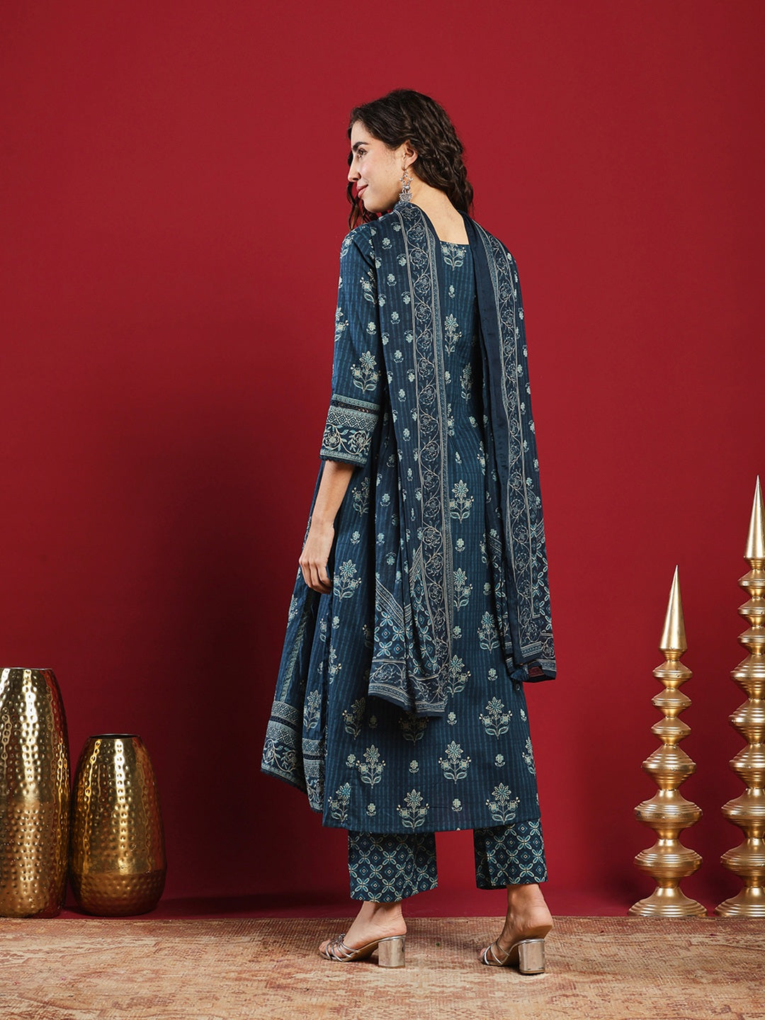 Blue Cotton Blend Printed Straight Suit Set