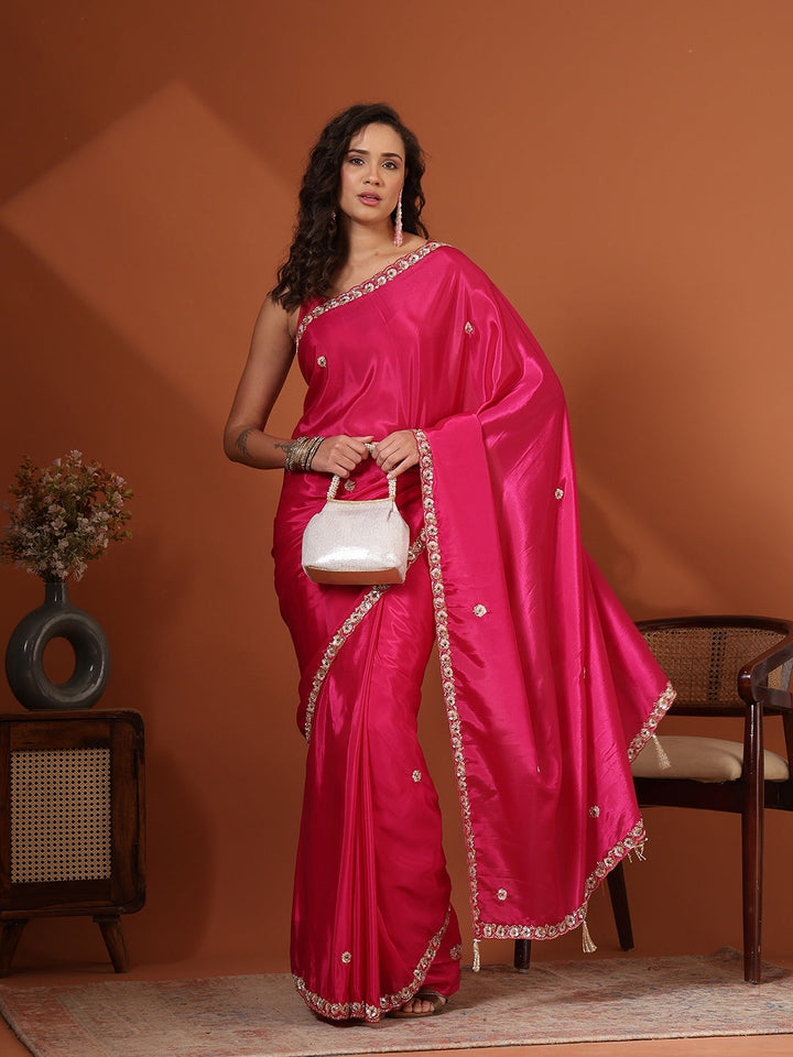 Sequin &amp; Cut Work Embroidered Crepe Saree