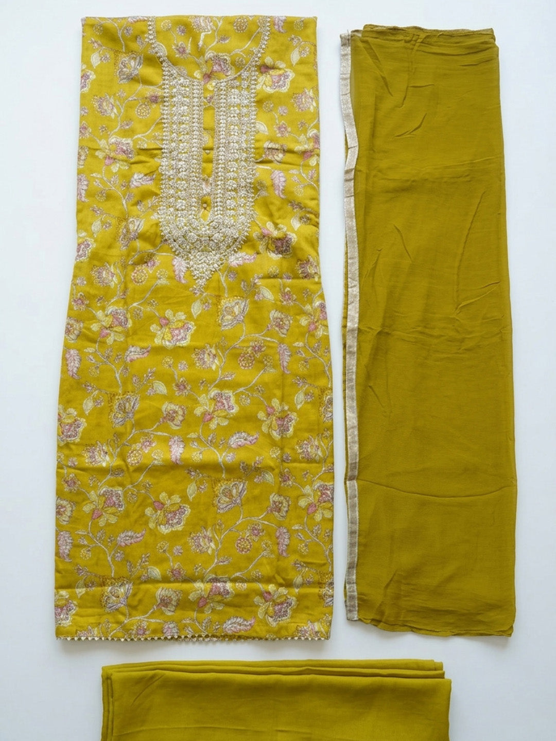 Embroidered Cotton Blend Unstitched Suit With Pant &amp; Dupatta