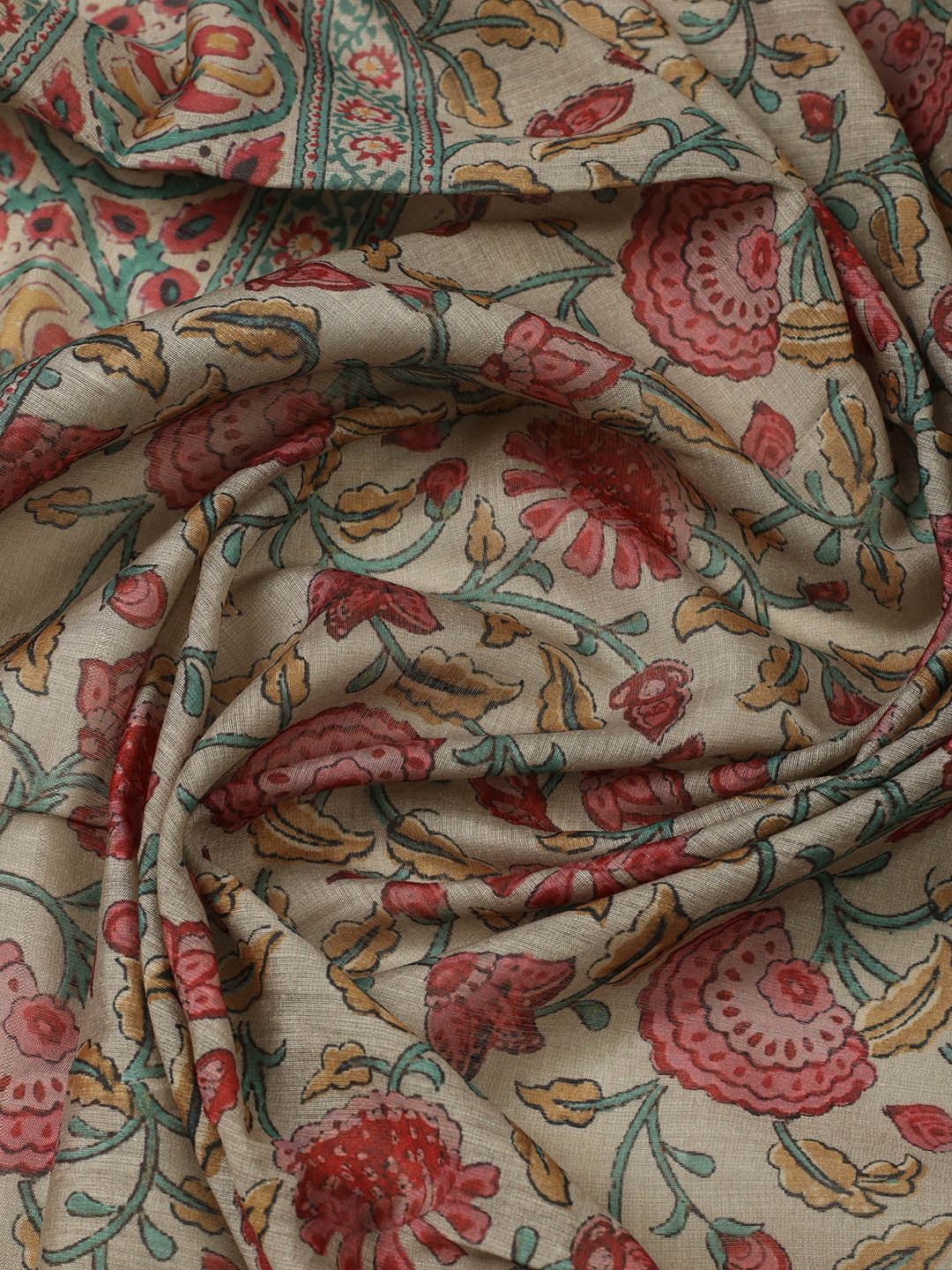 Printed Chanderi Unstitched Suit With Pant &amp; Dupatta