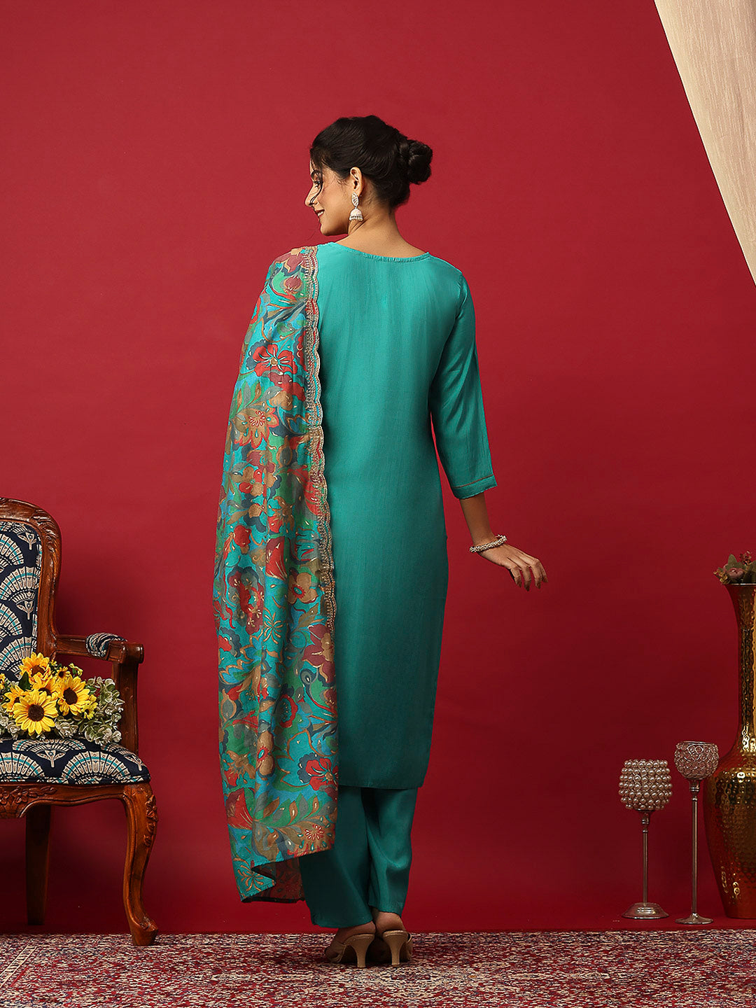 Printed Muslin Lake Blue Kurta With Pant &amp; Dupatta