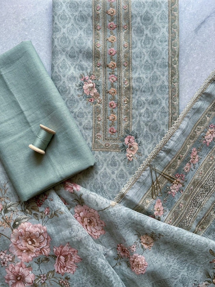 Printed Linen Blend Unstitched Suit With Pant &amp; Dupatta