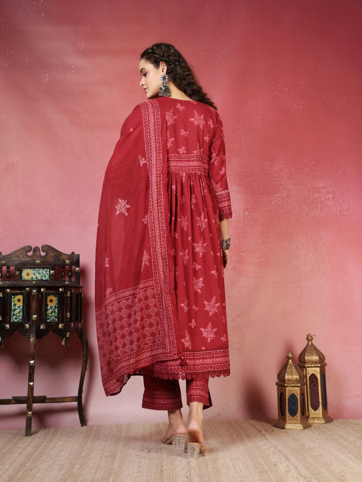 Maroon Printed Cotton Blend Anarkali Suit Set With Dupatta