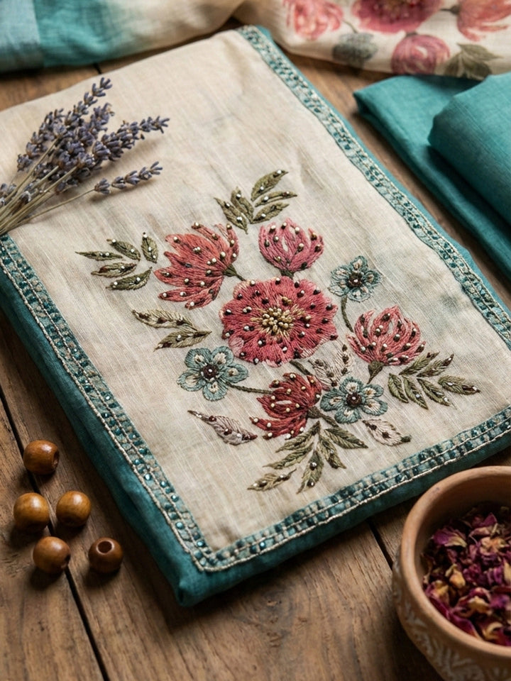 Embroidered Cotton Blend Unstitched Suit With Pant &amp; Dupatta
