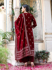 Neck Embroidered Velvet Kurta With Pants & Dupatta