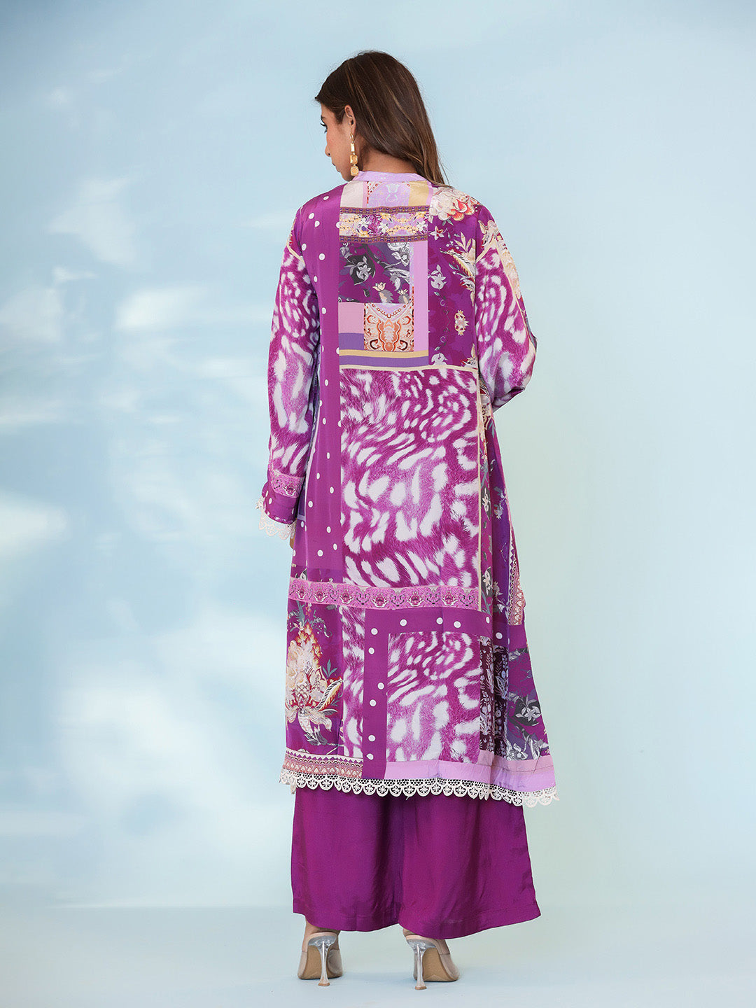 Purple Cotton Blend Printed Straight Suit Set