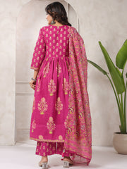 Floral Printed Cotton Blend Kurta With Pants & Dupatta