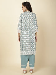 Printed & Panel Embroidery Cotton Kurta With Pants