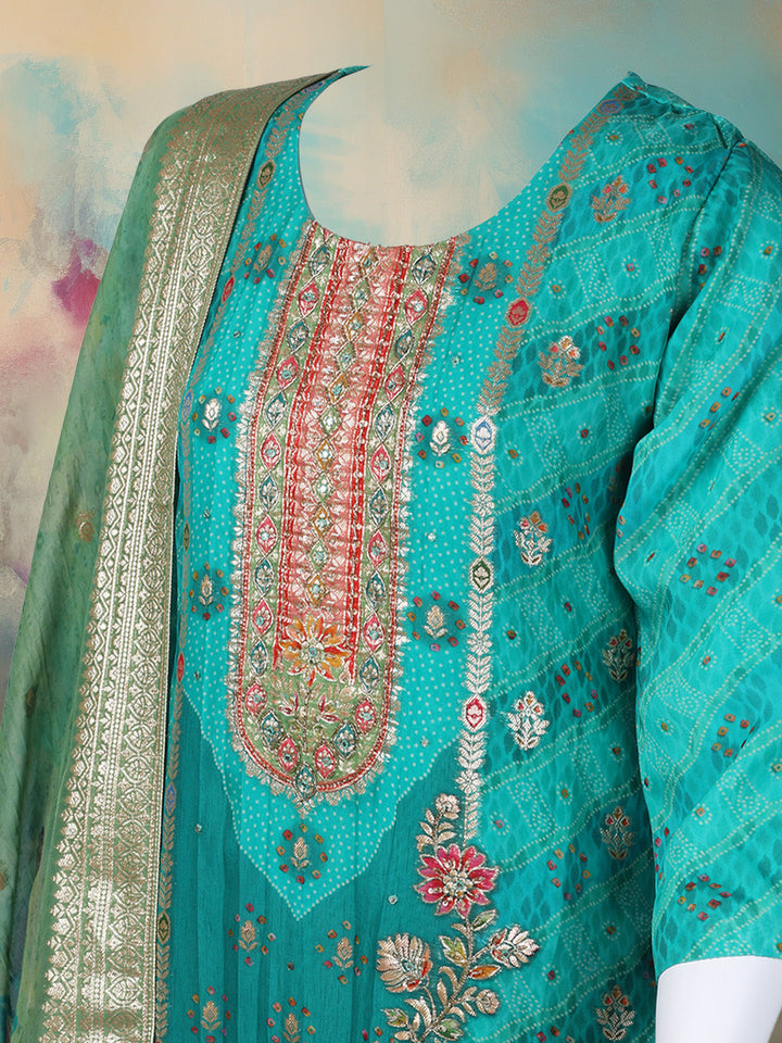 Bandhani Printed Organza Kurta With Pants &amp; Dupatta