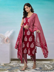 Printed Cotton Kurta With Pants & Dupatta