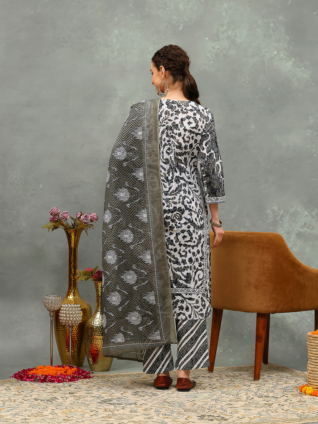 Printed Cotton Kurta With Pants &amp; Dupatta