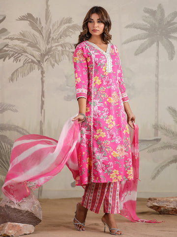 Floral Printed Cotton Blend Kurta With Pants & Dupatta