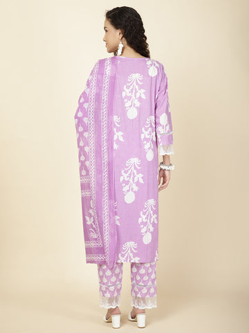 Floral Printed Cotton Kurta With Pants & Dupatta